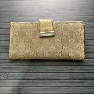Gucci Gold GG Crystal Canvas and Leather Continental Wallet Authentic|Used